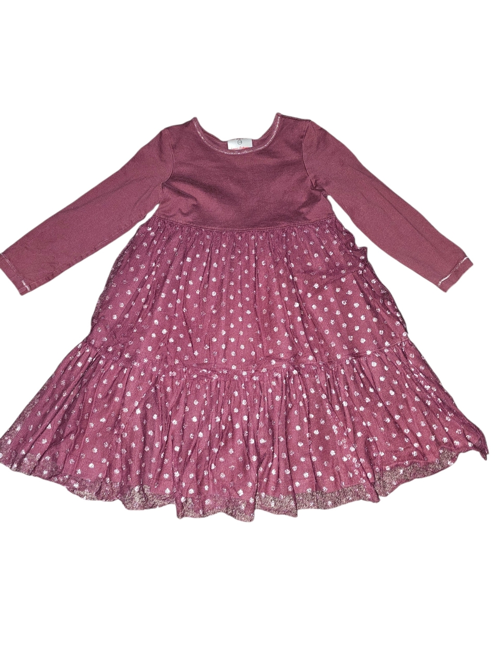 Hanna Andersson girls Long Sleeve maroon sparkle silver Tiered Dress 110 5